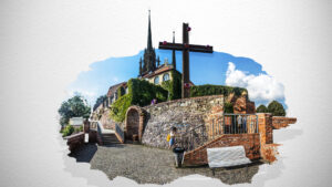 Photographic assembly of Cathedral of St. Peter and Paul in Brno with fragmented urban landscape and foreground cross
