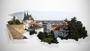 Photographic assembly of Brno city view from Špilberk Castle with fragmented urban landscape
