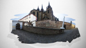 Photographic assembly of Cathedral of St. Peter and Paul in Brno with fragmented urban architecture