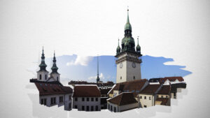 Photographic assembly of Old Town Hall Tower in Brno with fragmented urban architecture