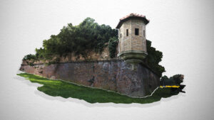 Photographic assembly of Špilberk Castle in Brno with fragmented architectural landscape