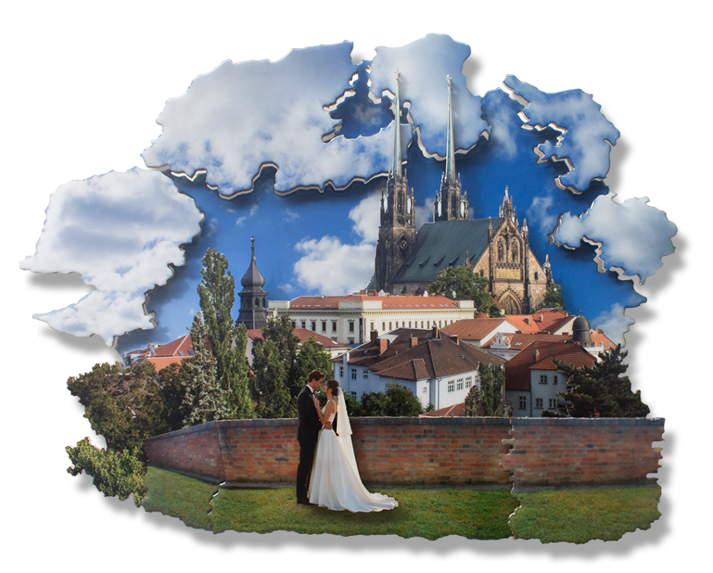 Photographic assemblage of a wedding couple with Prague skyline and gothic cathedral in the background, Czech Republic